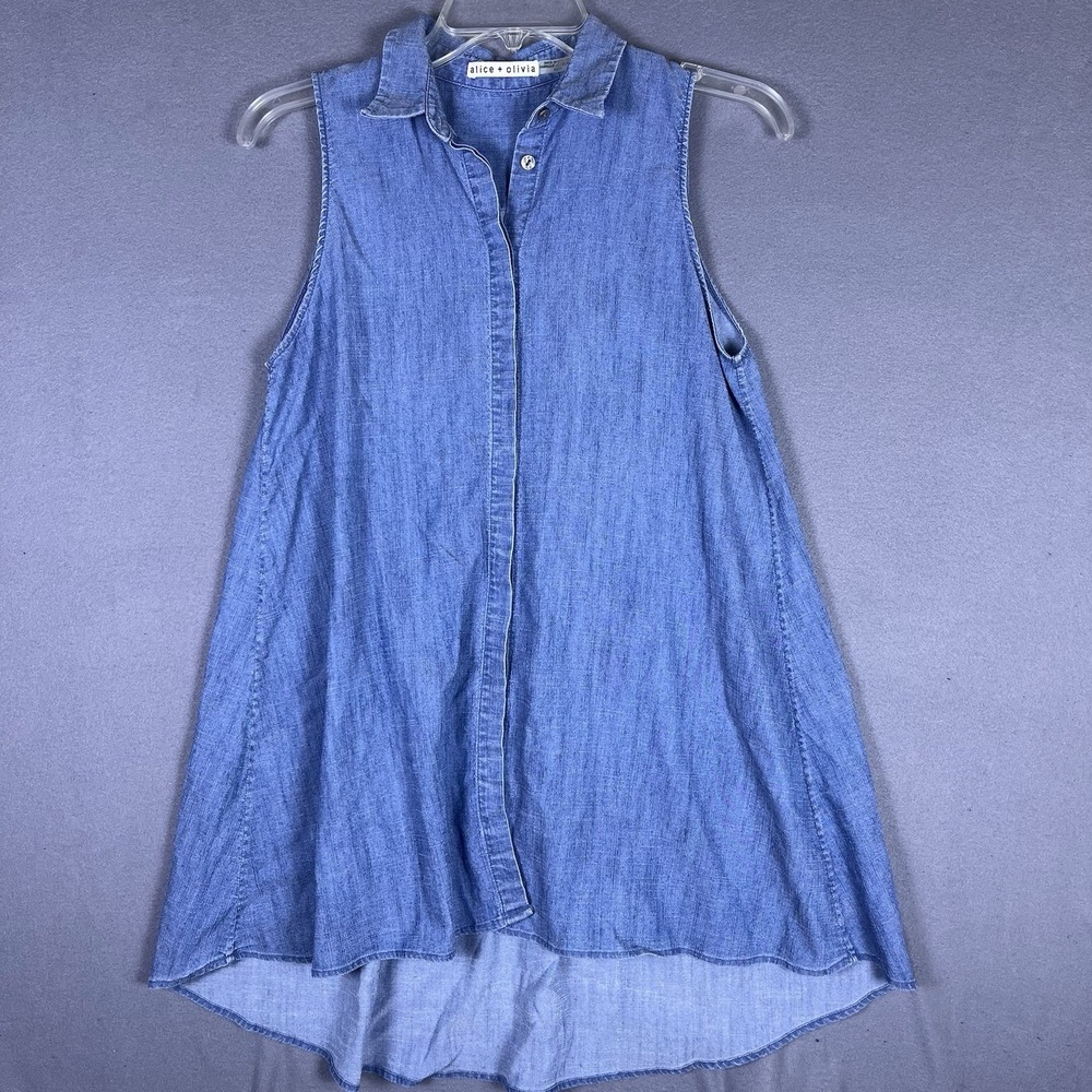 Alice + Olivia Women's Collared Sleeveless Button Down Denim Shirt‎ Size XS
